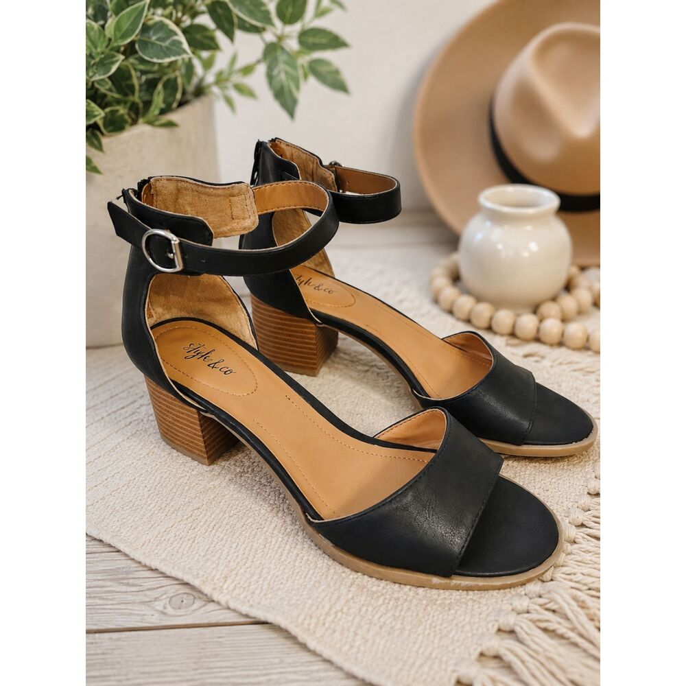 Style & Co Black Block Heel Ankle Strap Dress Sandal Shoes Women's Size 8 M